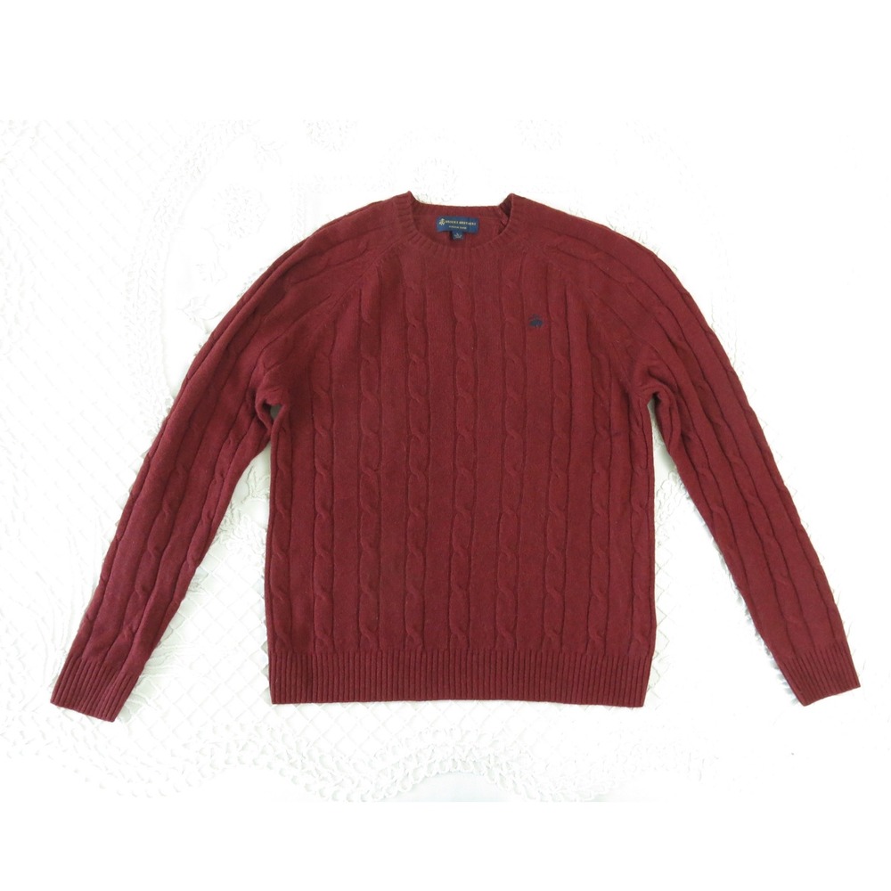 Brooks Brothers Mens Large Burgundy Red Cable Knit 100% Merino Wool Sweater